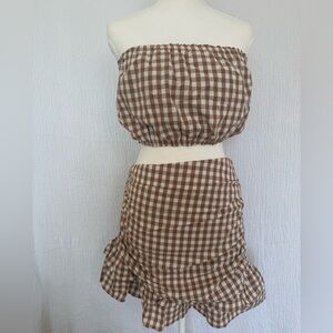 MARBLE Brown and White Checkered Skirt Set